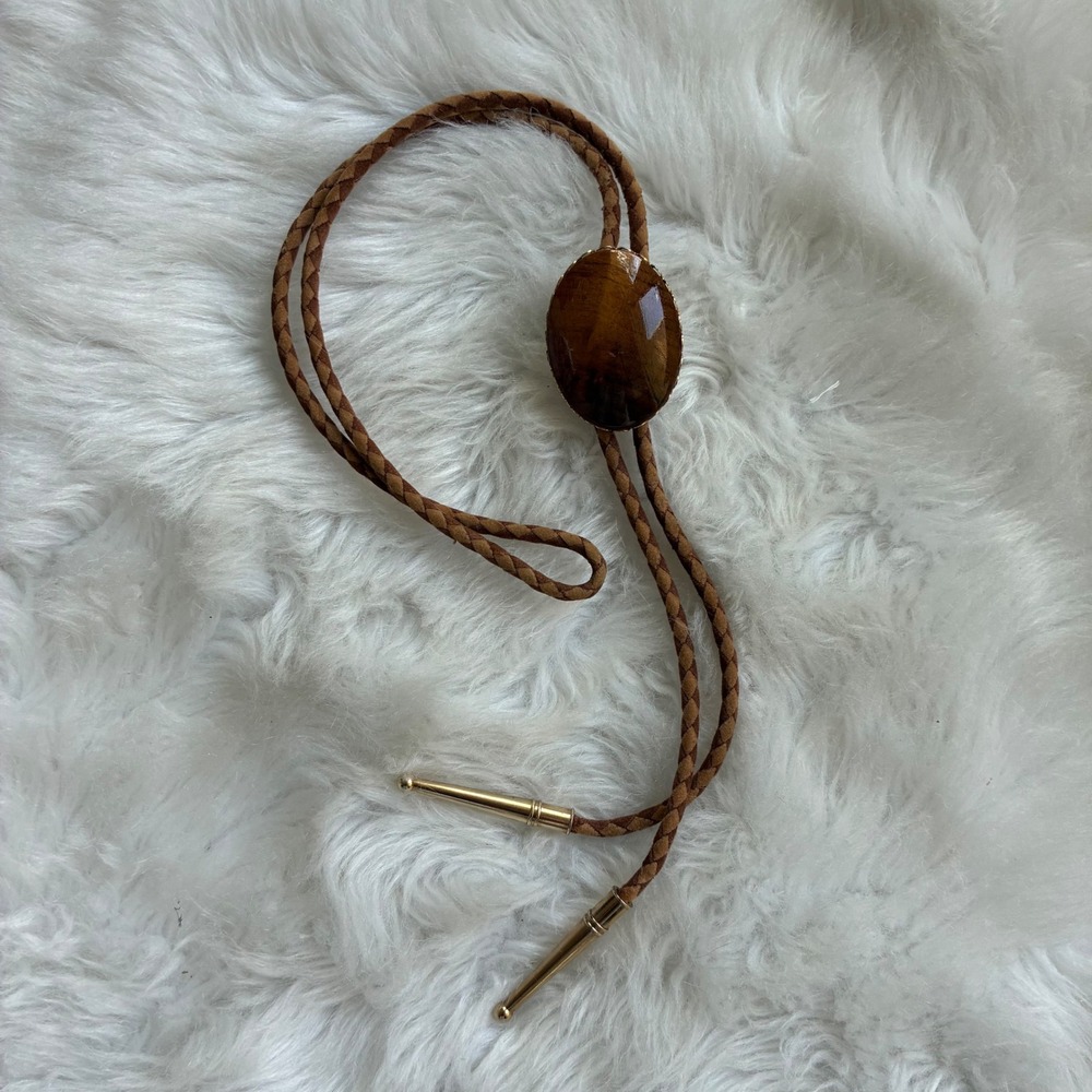 Vintage Bolo Tie Braided Brown Leather Western Stained Wood Gold Hardware